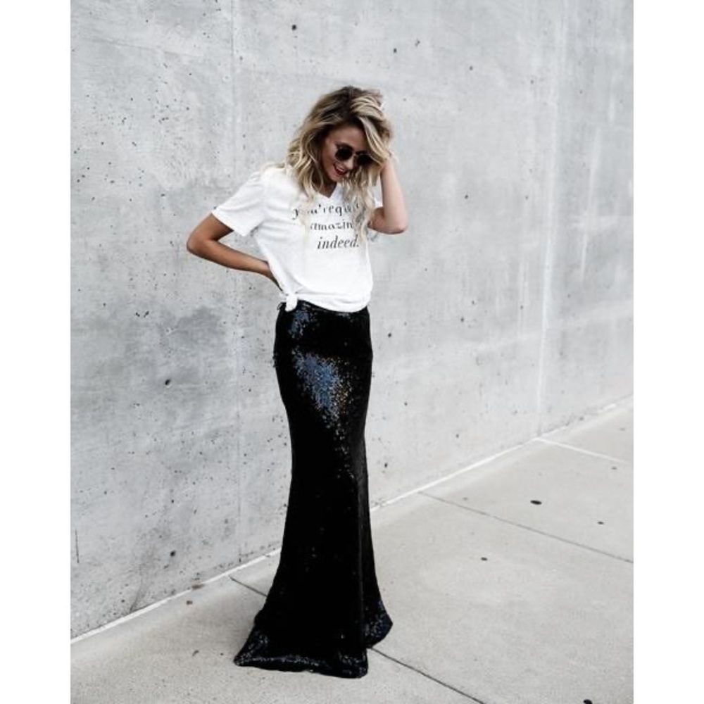Carmen Marc Valvo Sequin Black Long Skirt
